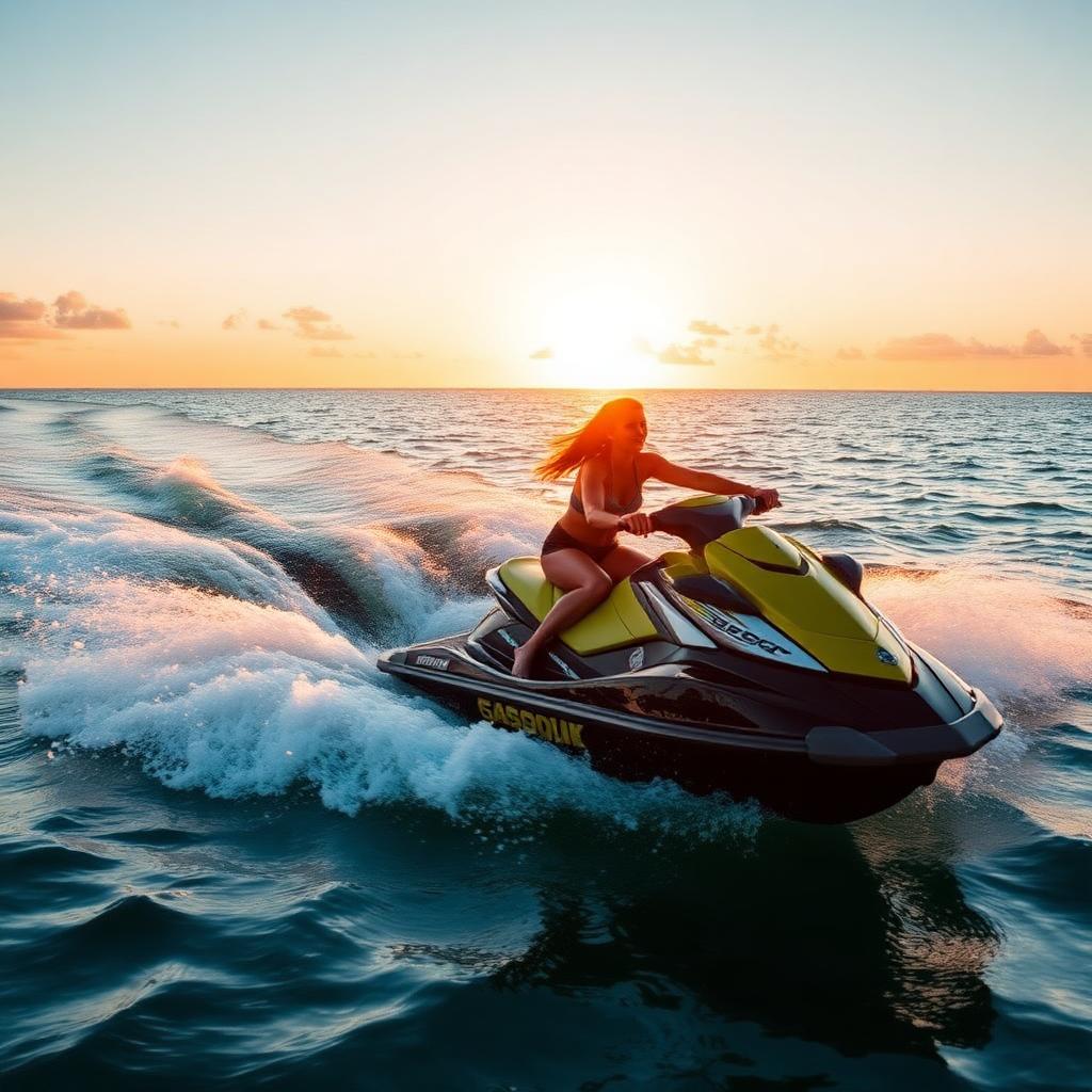 Jet ski riders at sunset